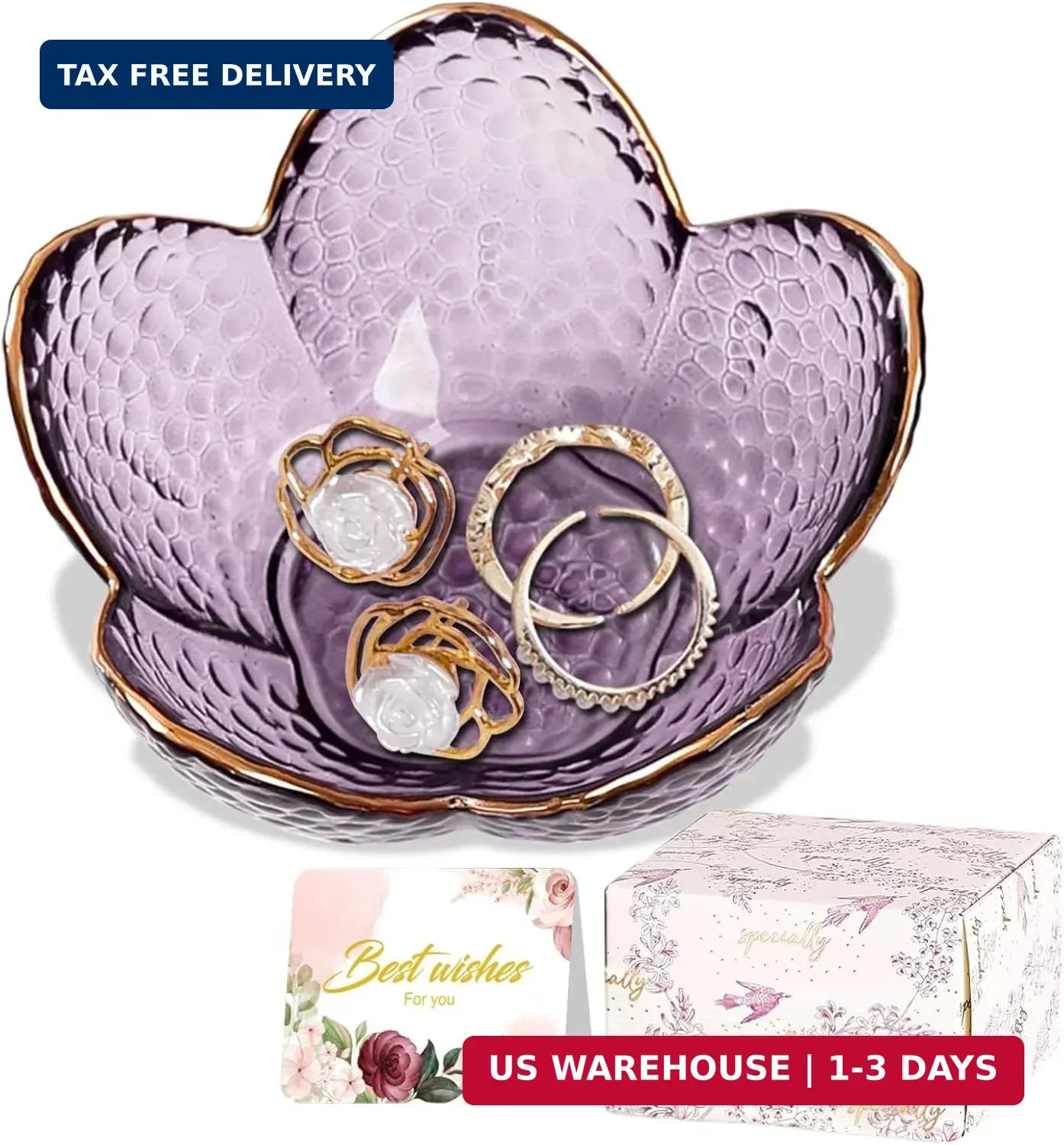 Purple Flower Jewelry Dish Glass Ring Holder Dish Jewelry Tray Cute Vanity Organ