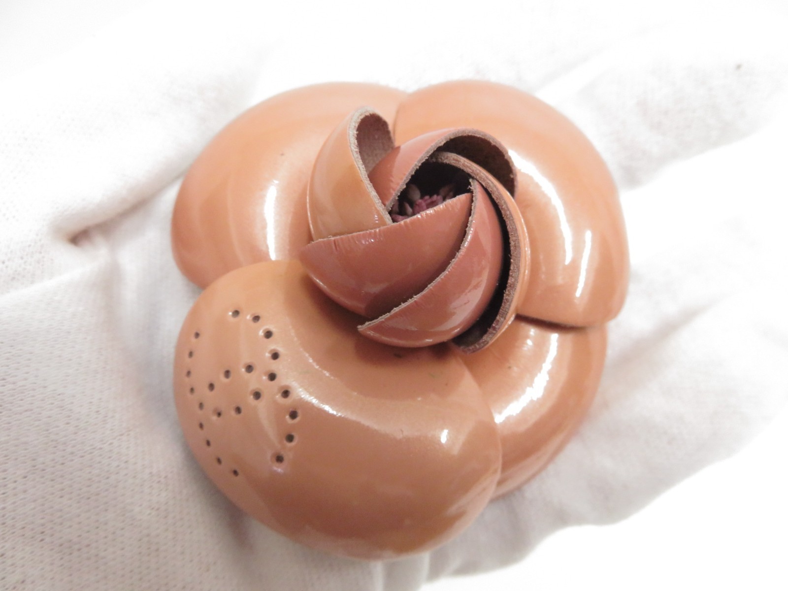 Authentic CHANEL Patent leather Camellia Flower Pin Brooch accessory F#47376