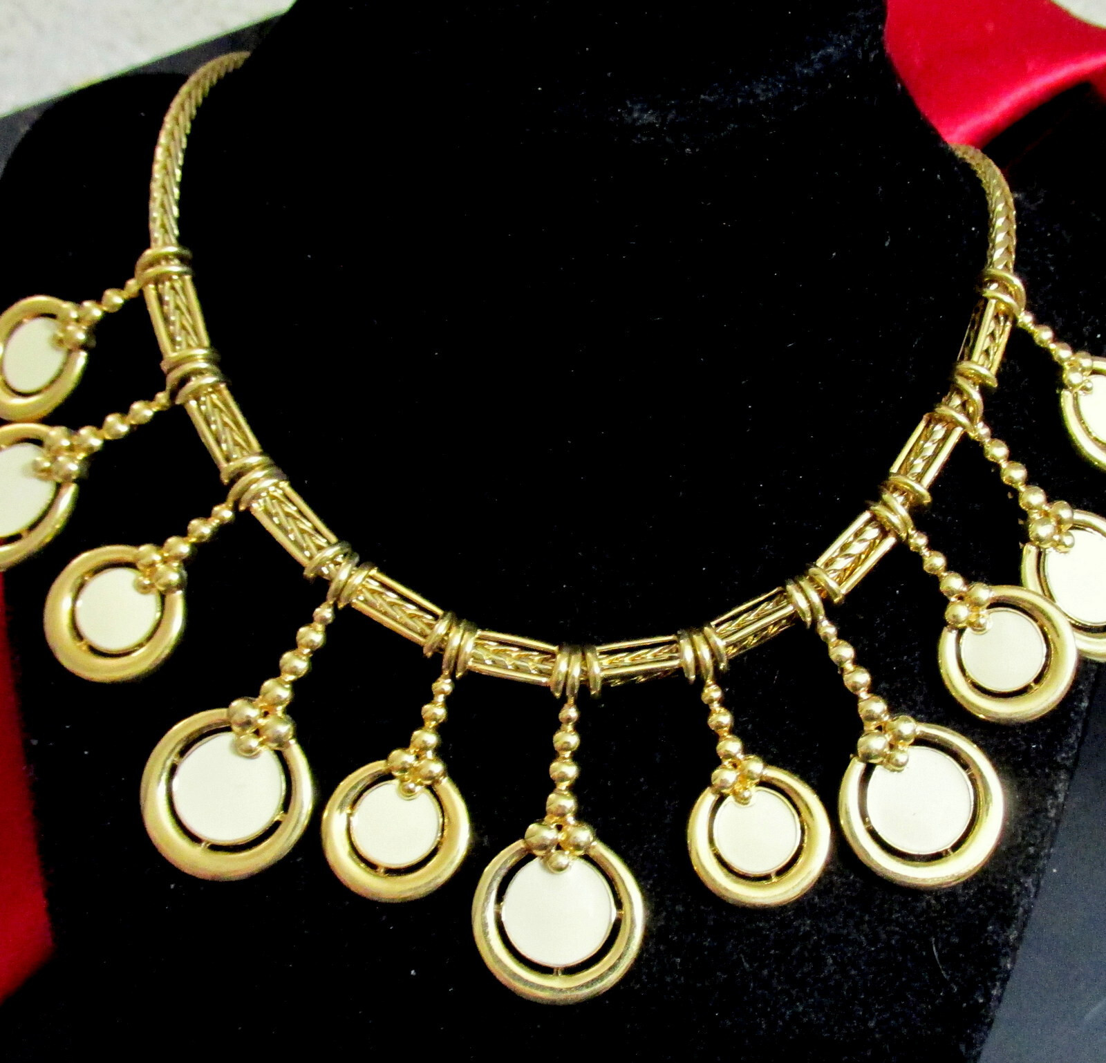 VTG Runway Rare Etruscan MONET Bib Necklace Dangle Sliding Charm White Enamel GP
