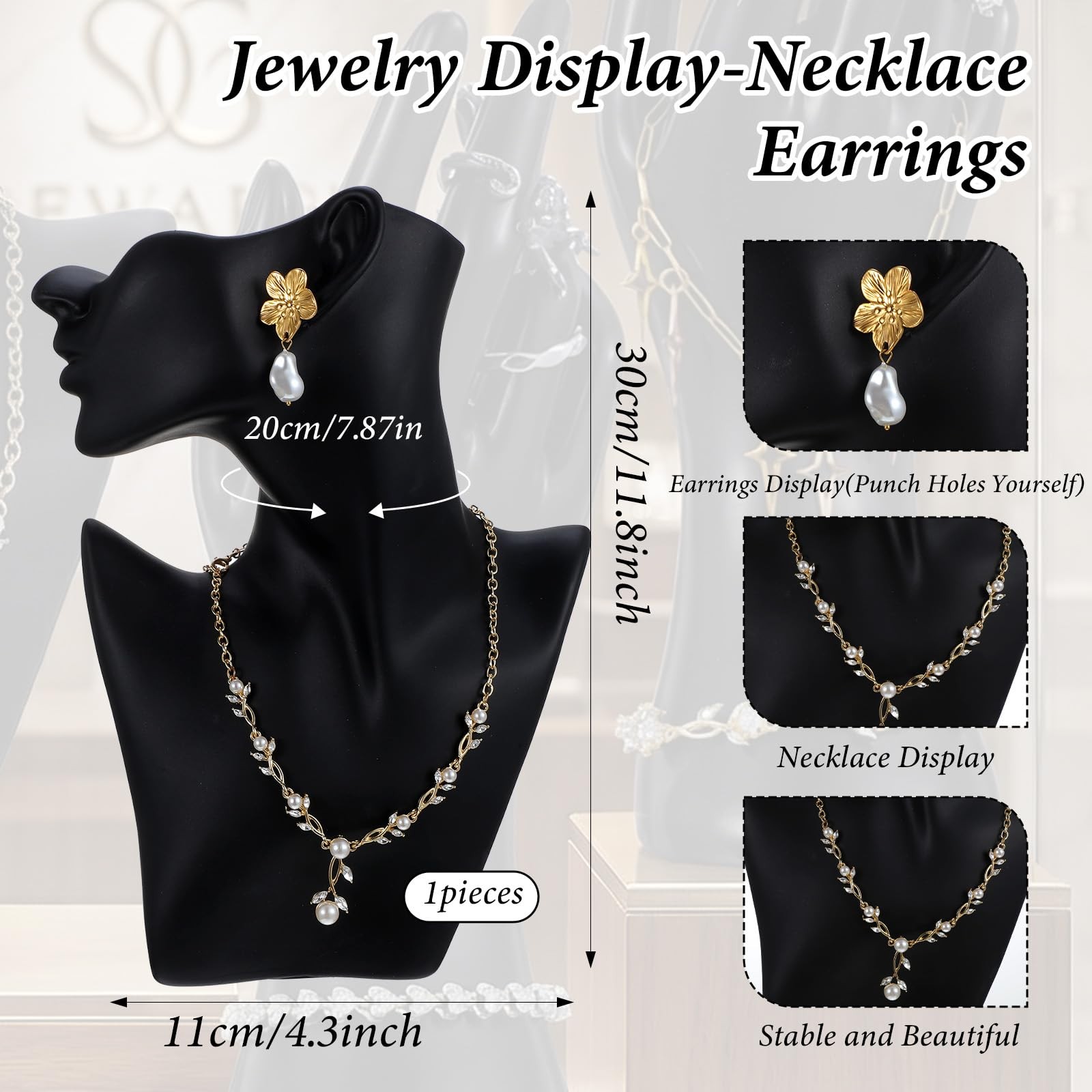 3 Pcs Jewelry Mannequin Display Set – Black PVC Bust Holder with 2 Hand Displ…