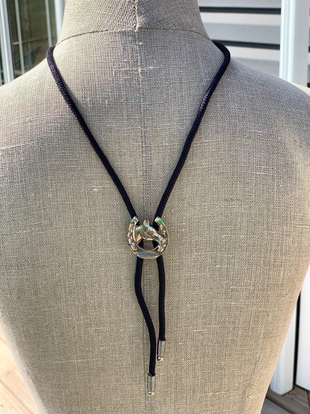 Vtg Western Bolo Tie Black Silver Horse Head Horseshoe Boho Retro Southwestern