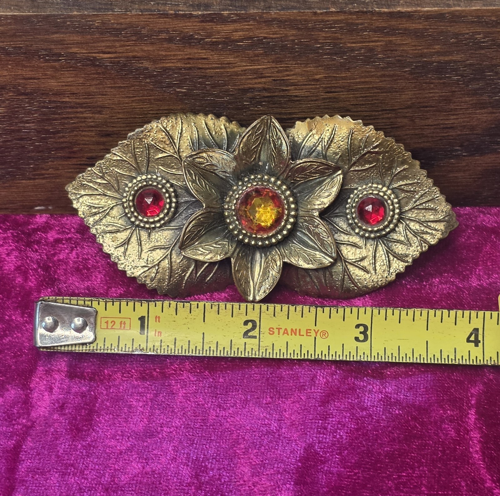 Antique Floral Leaf C Clasp Brooch Ruby Red & Amber Glass Stones 3″