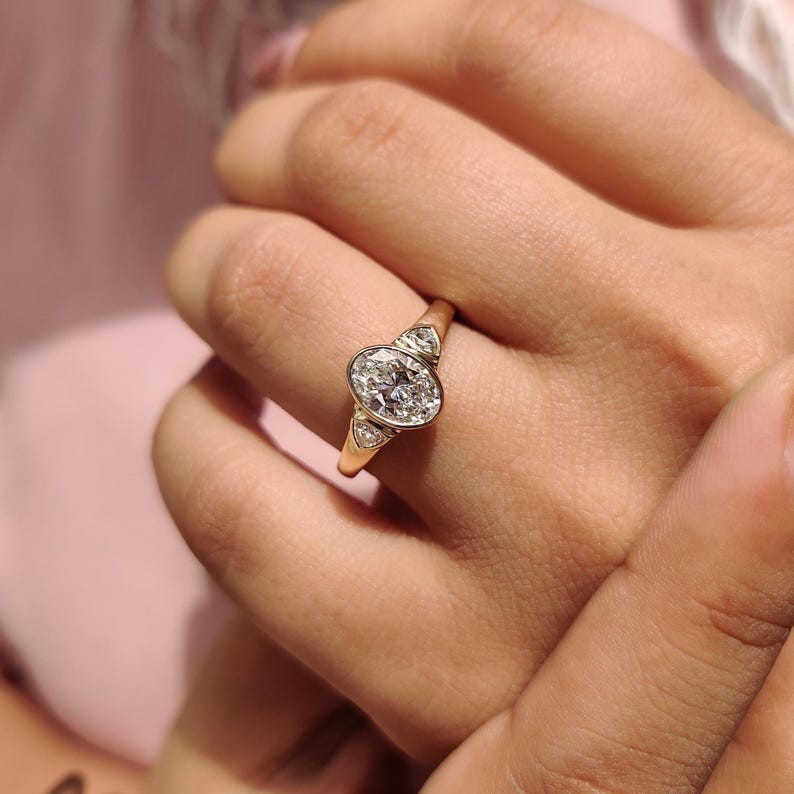 Oval Cut Lab Grown Diamond Three Stone Ring Full Bezel Set Engagement Ring IGI