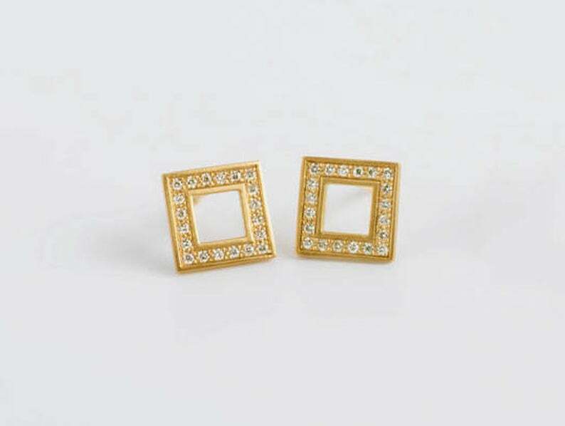 1ct Lab-Created Moissanite Open Square Halo Stud Earrings 14k Yellow Gold Plated