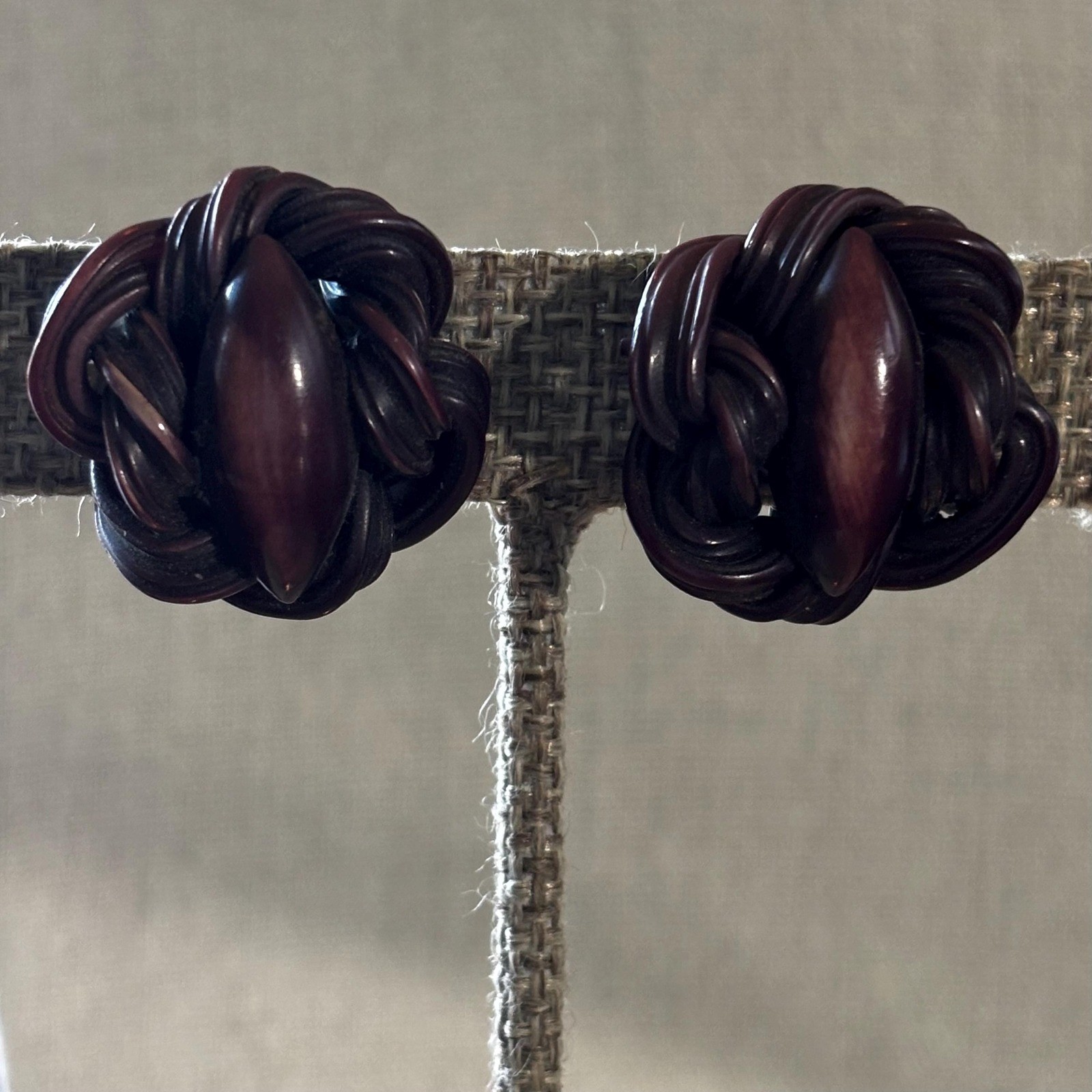 Vintage Brown Knot Earrings: Mid-Century Resin or Wood, Non-Pierced