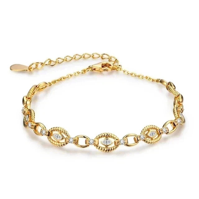 Womens Link Bracelet 7” Marquise Cut Simulated Diamond 925 Silver Yellow Plated