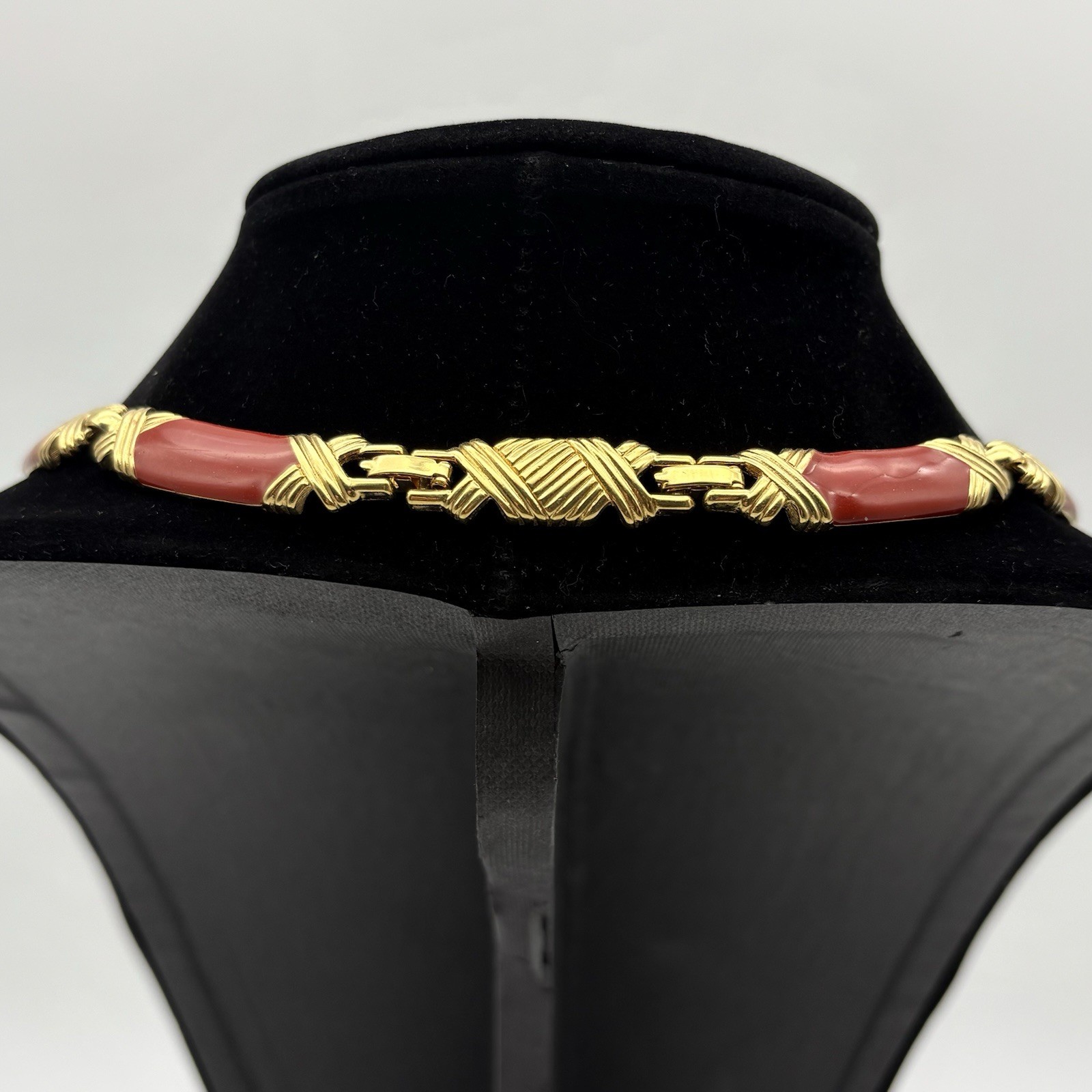 Monet Vintage Blood Orange Red Enamel & Gold Tone Choker Necklace 17 Inches