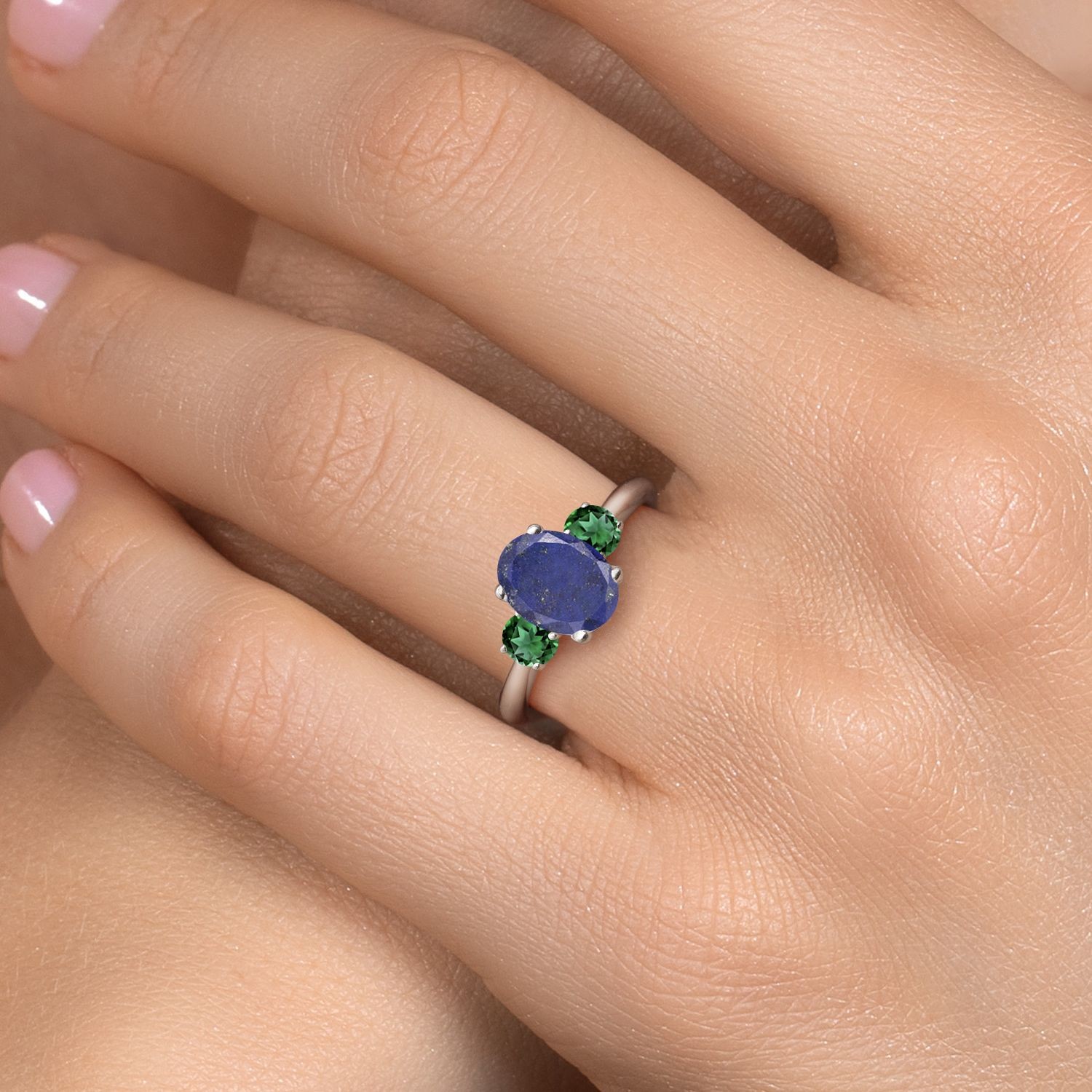 925 Sterling Silver Blue Lapis and Nano Emerald Engagement Ring For Women |