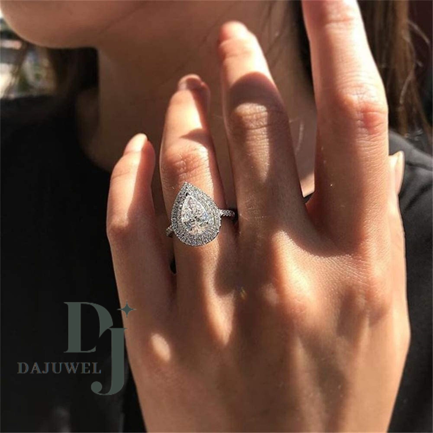 3 CT Pear Cut Moissanite Double Halo Engagement Ring Solid 14K White Gold VVS1
