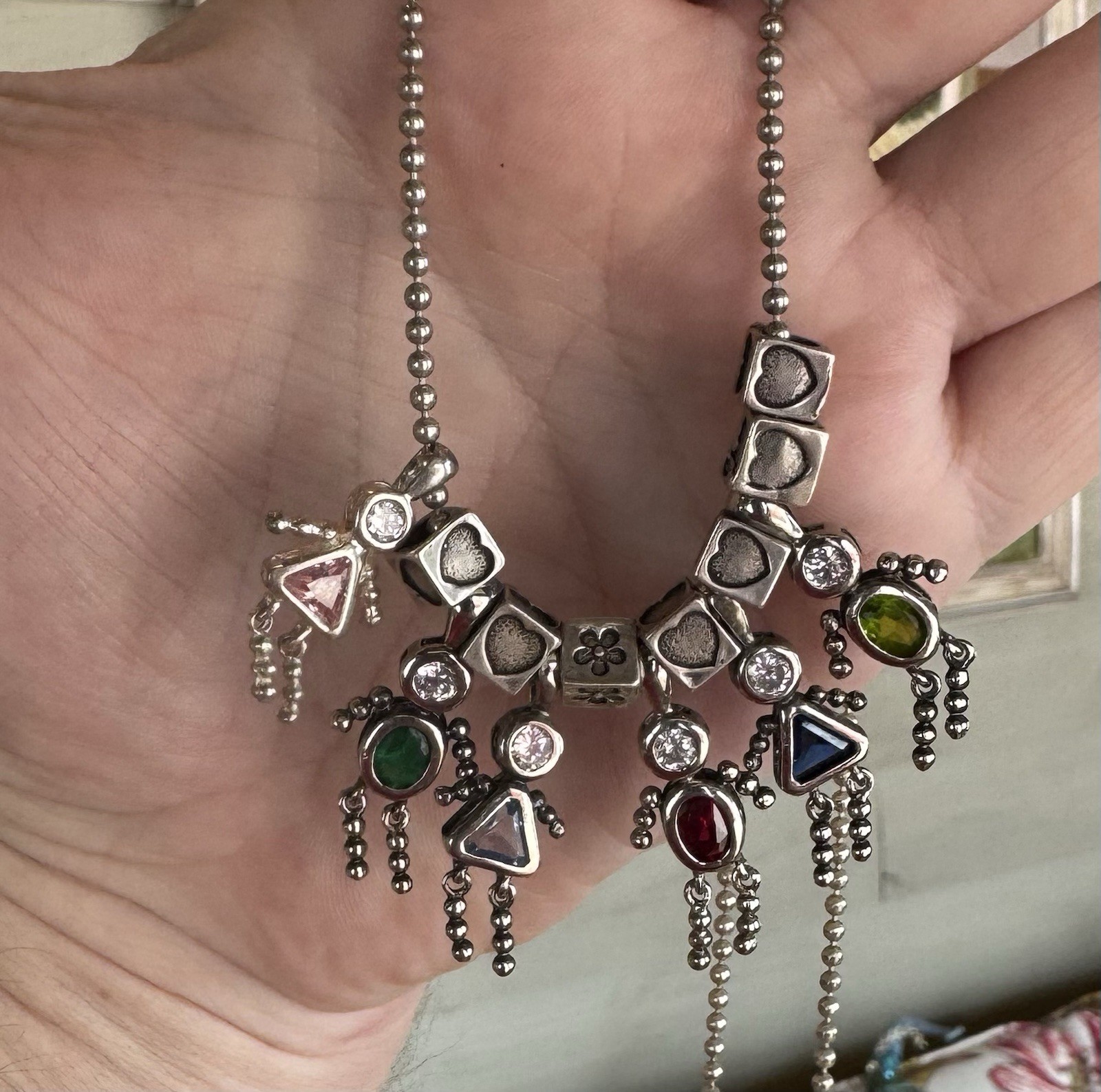6 Sterling Silver 925 Birthstone Babies Children Charms 7 Spacers 30” Necklace