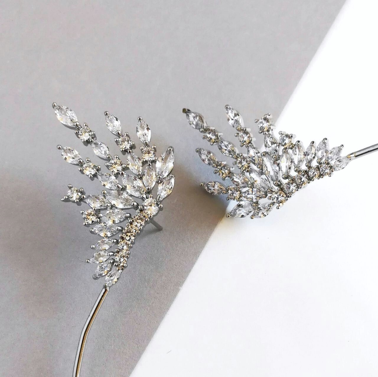 DOUBLE SIDE Silver Marquise Cut CZ Cluster Earrings Ear Cuff Crawler Climber