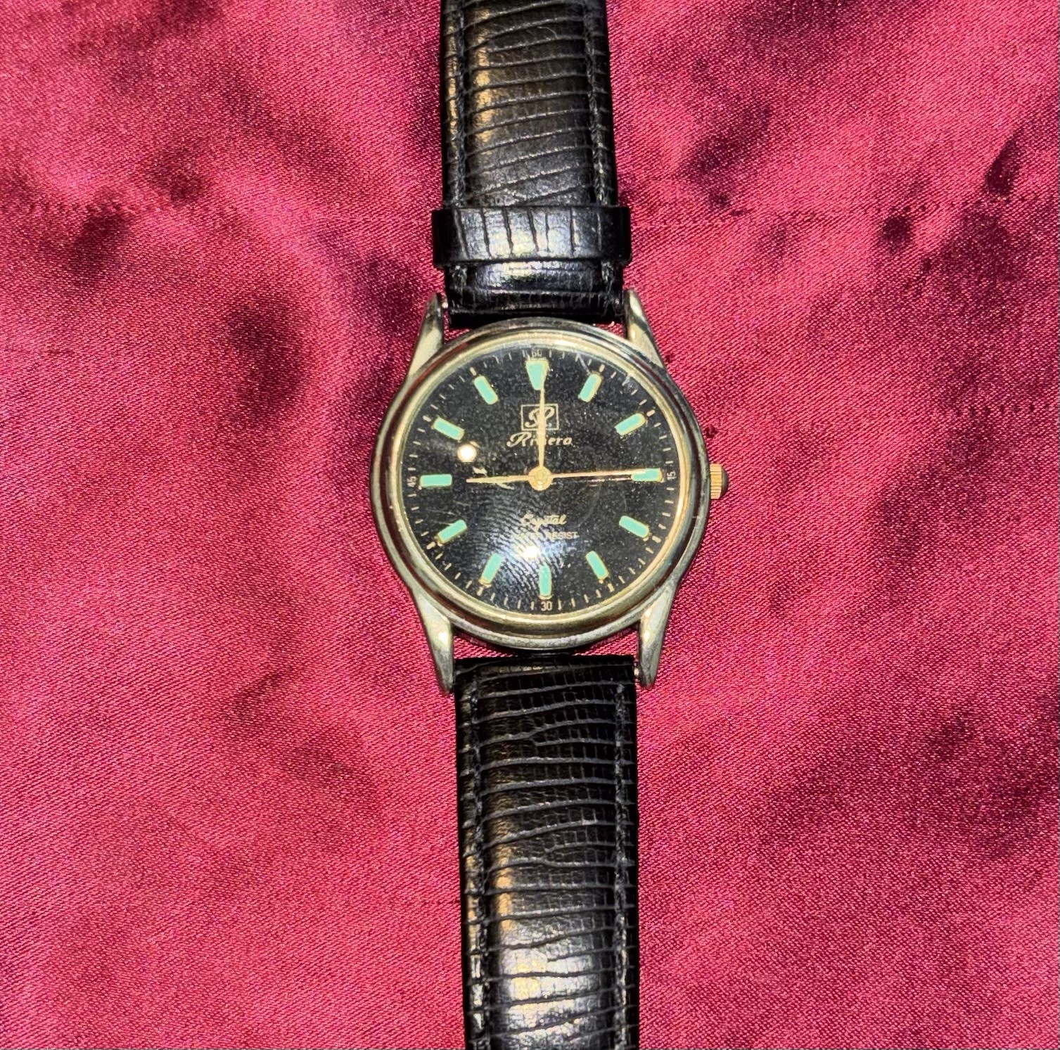 Riviera Vintage Watch Rare Black Dial SS Silver Case 36-39mm