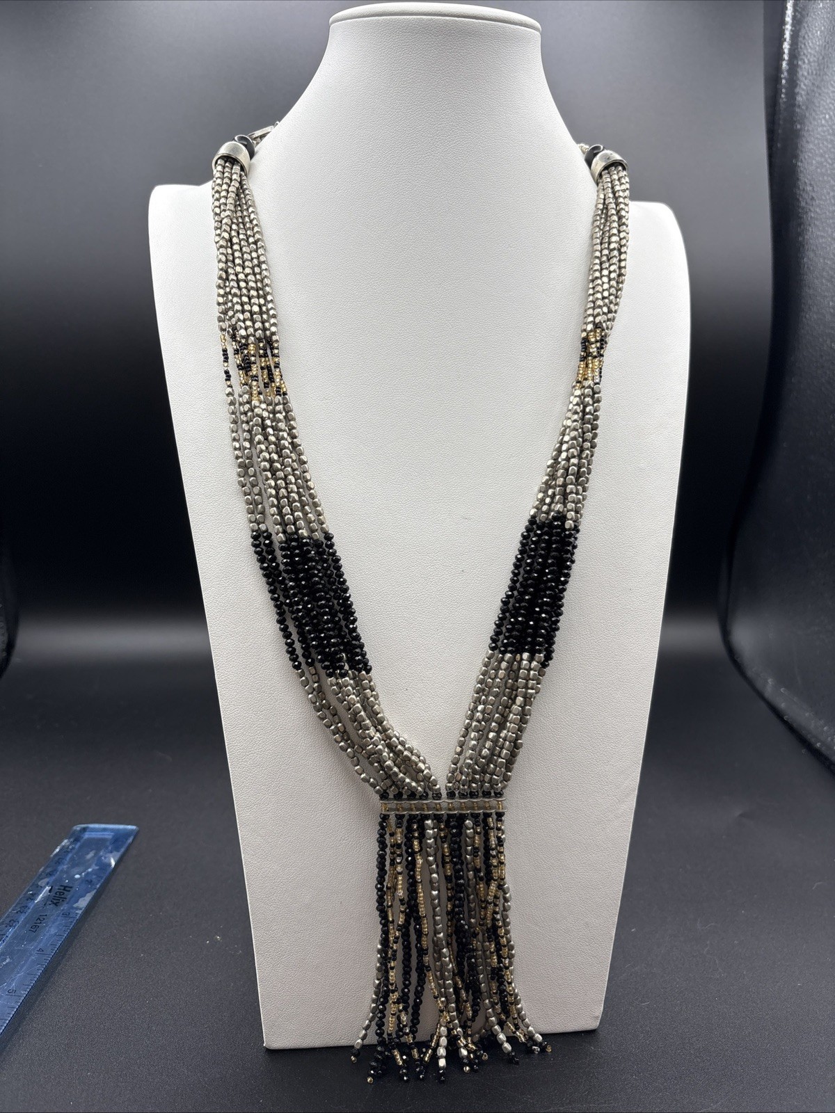 Himalayan Gems Necklace Fringe Boho Flapper Vibe Black Silver Gold Beads 23”