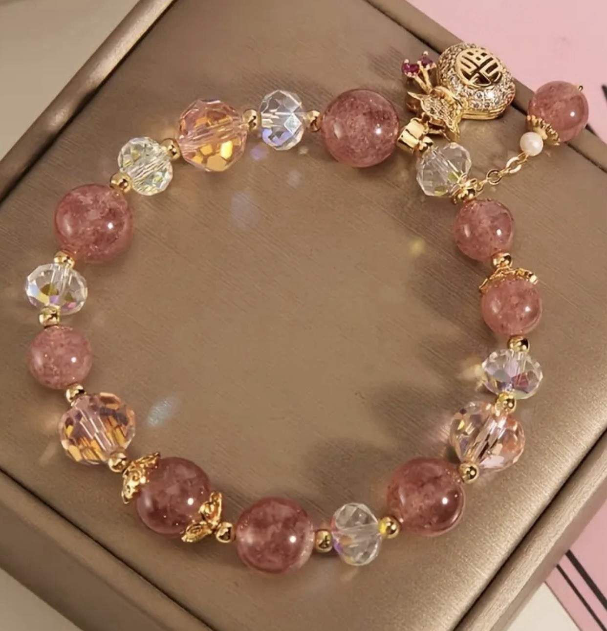 Fortune Bag Pendant Pink Beaded Bracelet # 0014 Velvet Box Included.