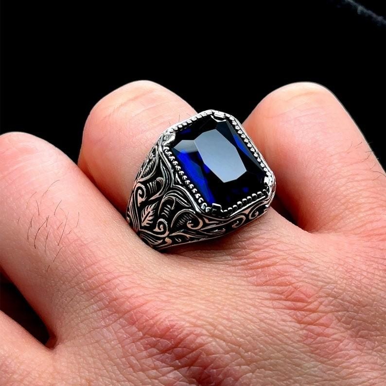925 Men Silver Handmade Engraved Blue Stone Ring