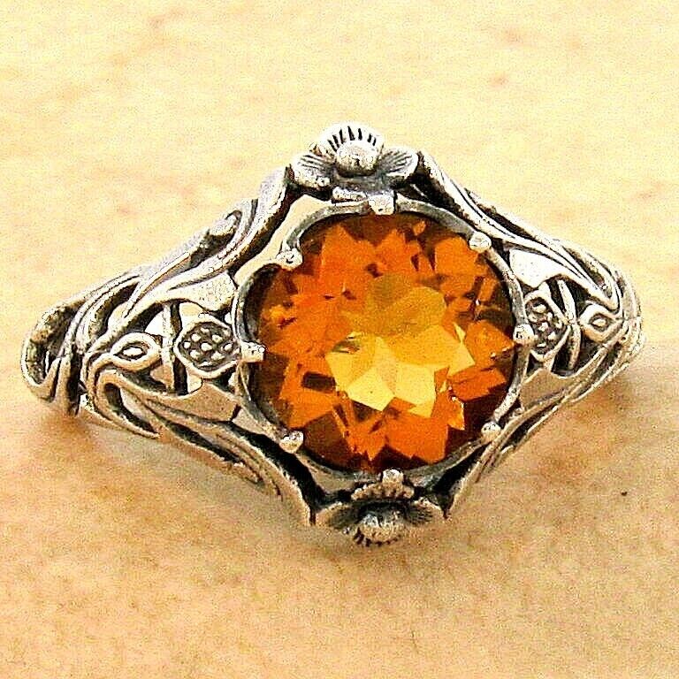 NOUVEAU ANTIQUE STYLE SCOTTISH THISTLE 925 SILVER LAB-CREATED CITRINE RING 890X