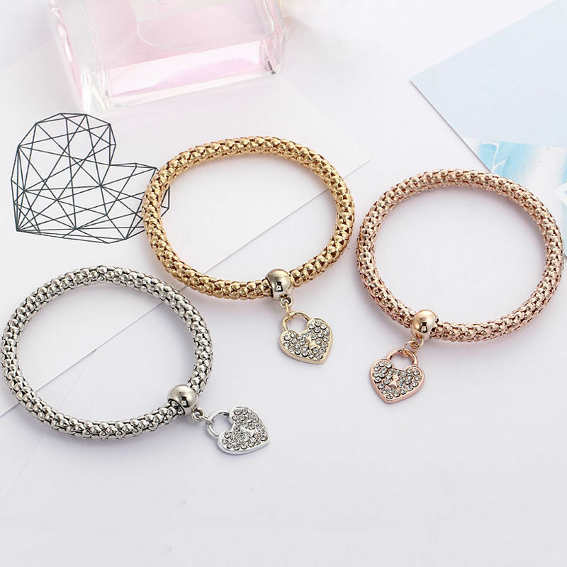 Silver Rose Gold White Topaz Heart Charm New Fashion Bracelet Bangle 3 in 1 Set