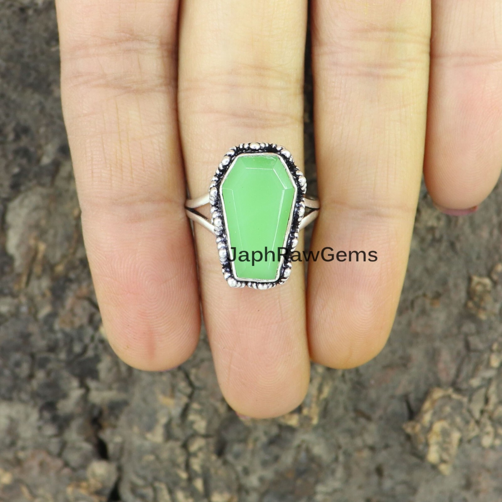 Chrysoprase 925 Sterling Silver Coffin Ring Handmade Gemstone Women Gift Ring