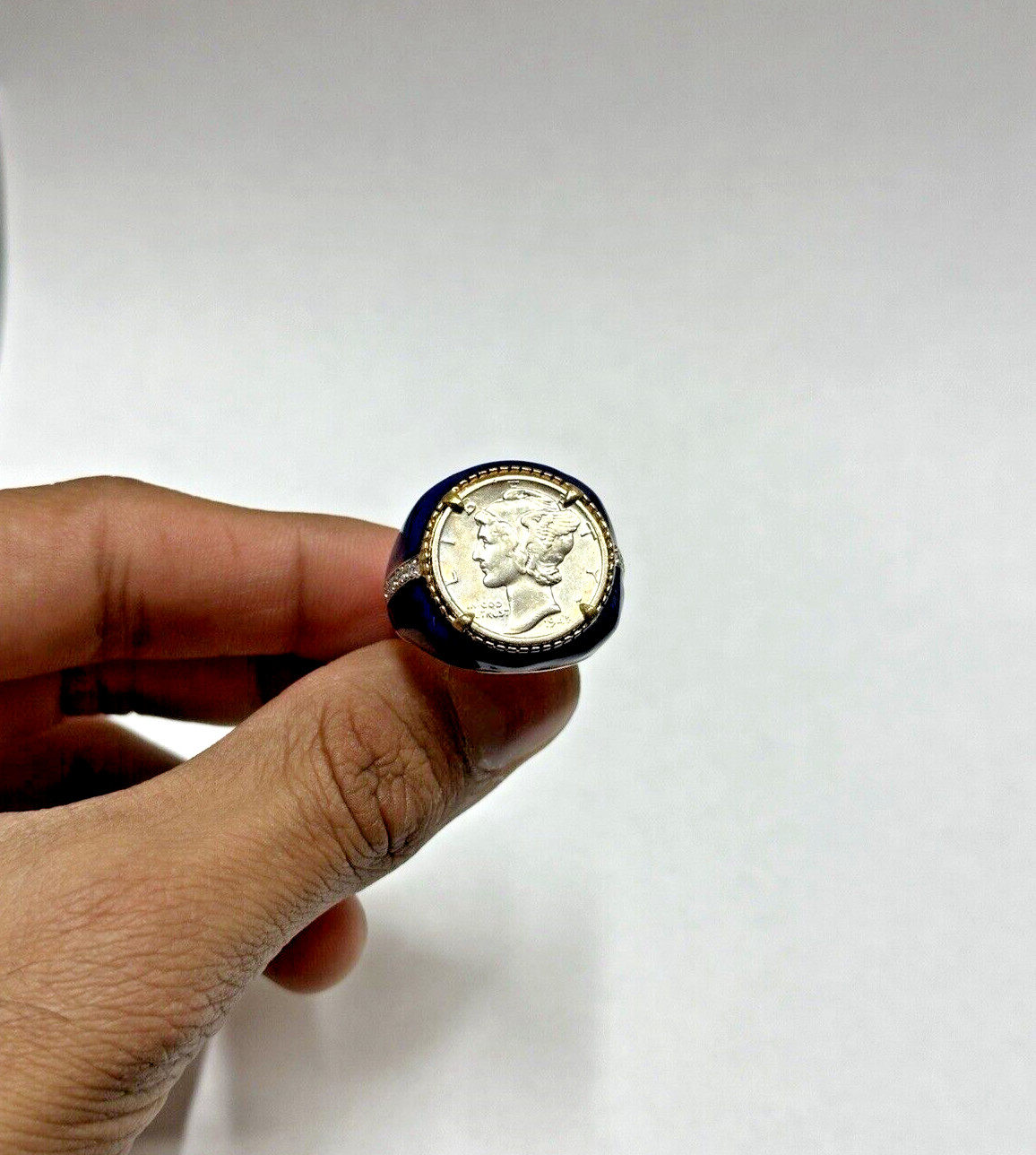 US Mercury Dime Coin Gold-Plated Sterling Silver Signet Ring Size 6, Mens Womens