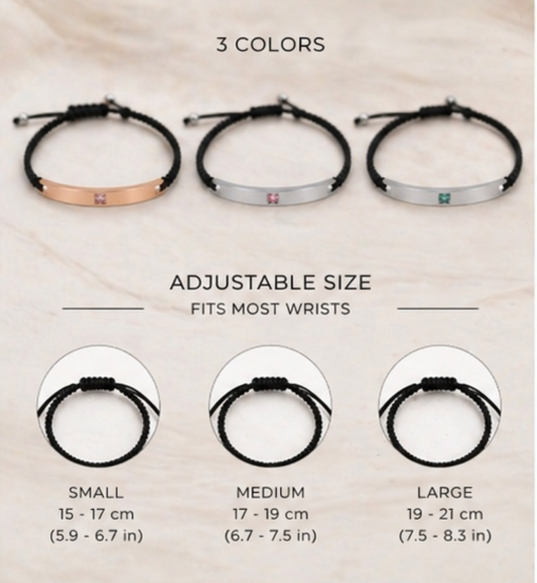 Personalized Gemstone Bar Bracelet Custom Engraved Braided Cord Rose Gold Silver