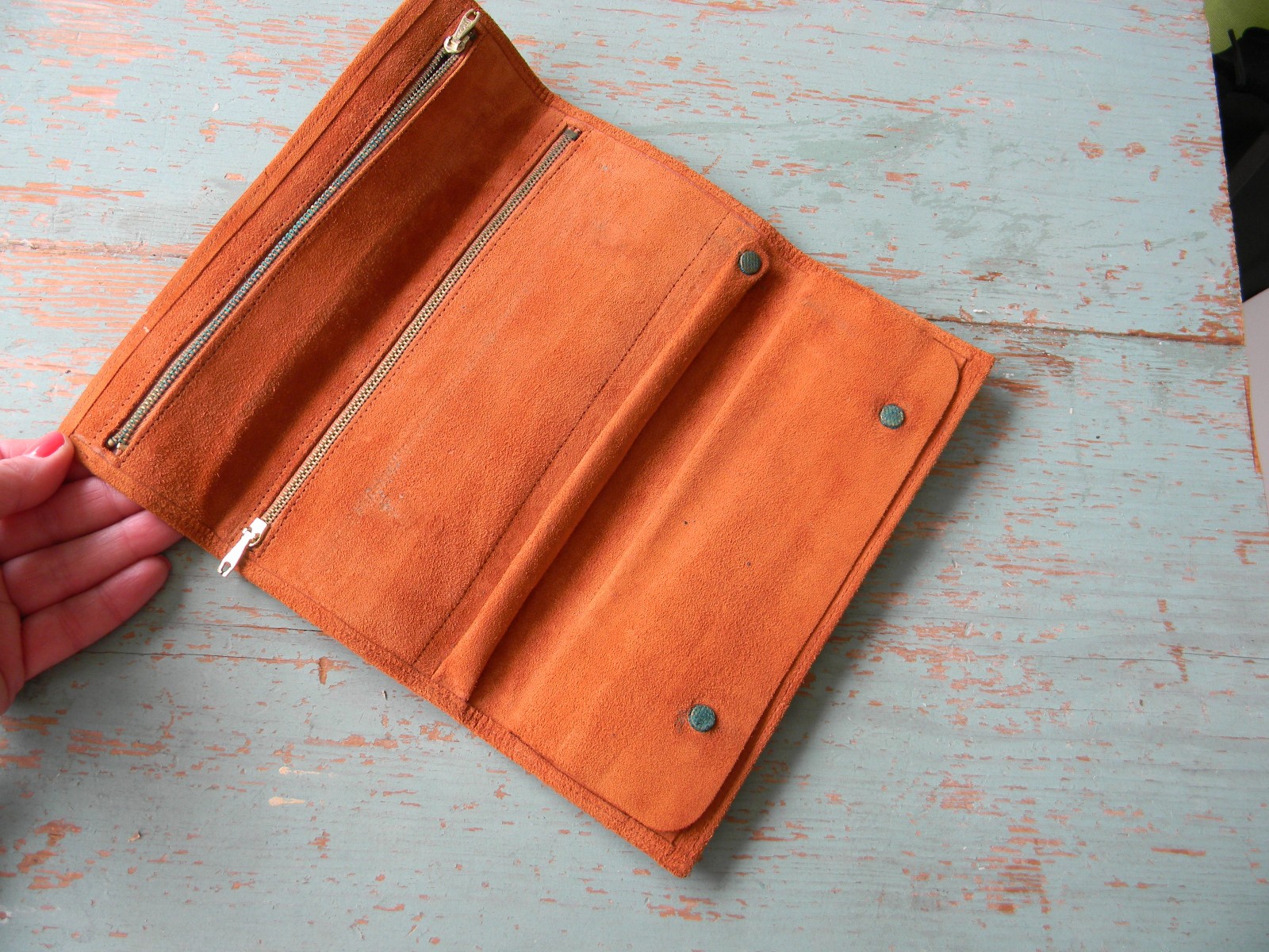 VINTAGE GENUINE SUEDE/LEATHER ORANGE/TAN JEWELRY ROLL TRAVEL ORGANIZER