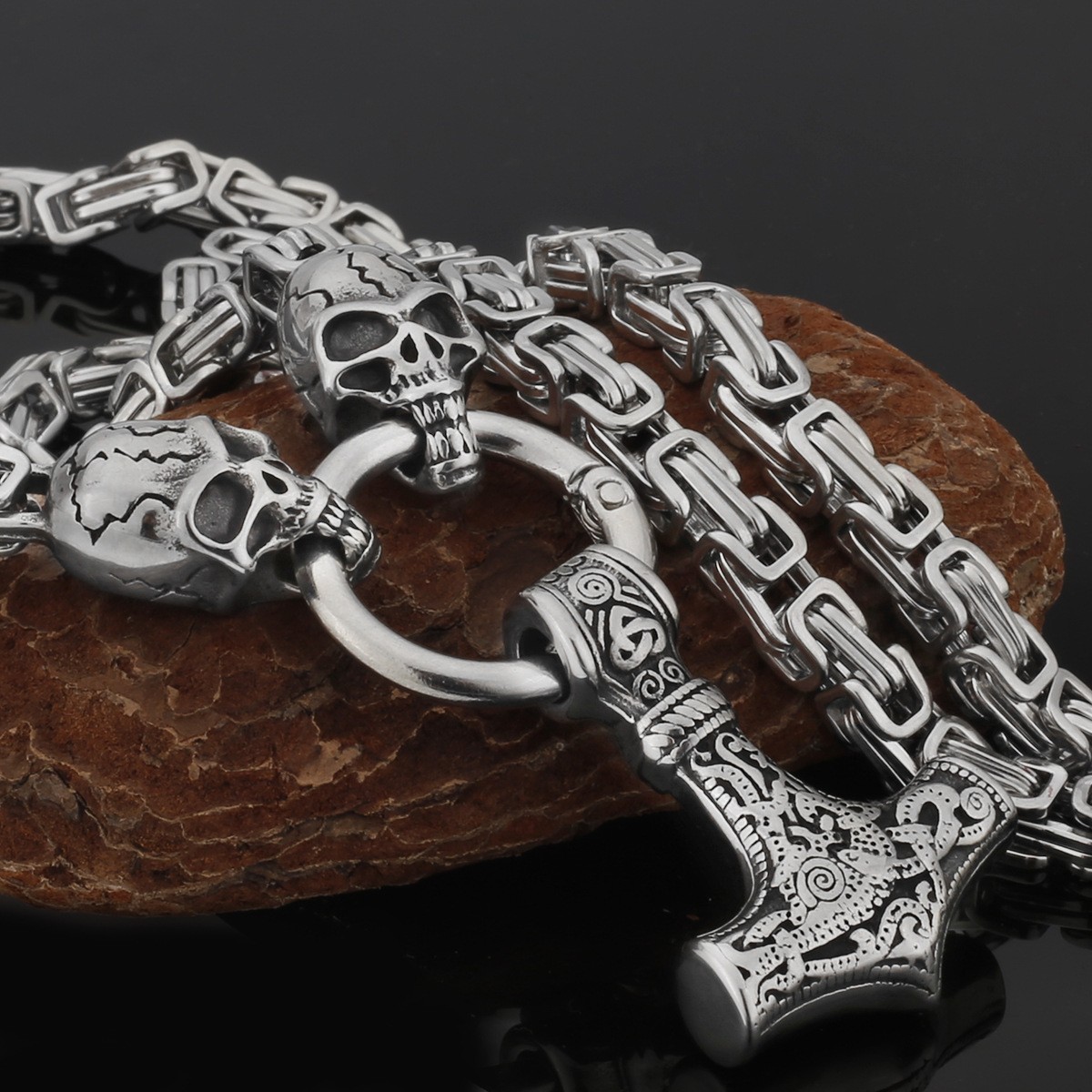 Nordic Viking Skull Thor’s Hammer Titanium Steel Necklace Pendant
