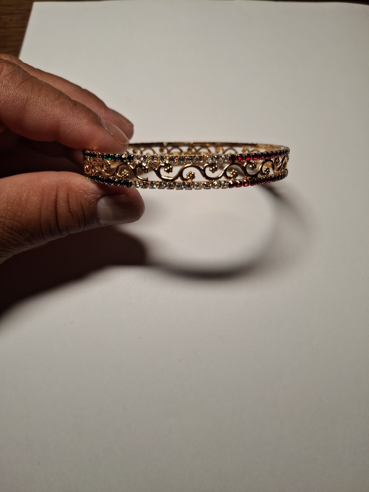 Gold Colored Bangle Bracelet With Red Green And White Gems