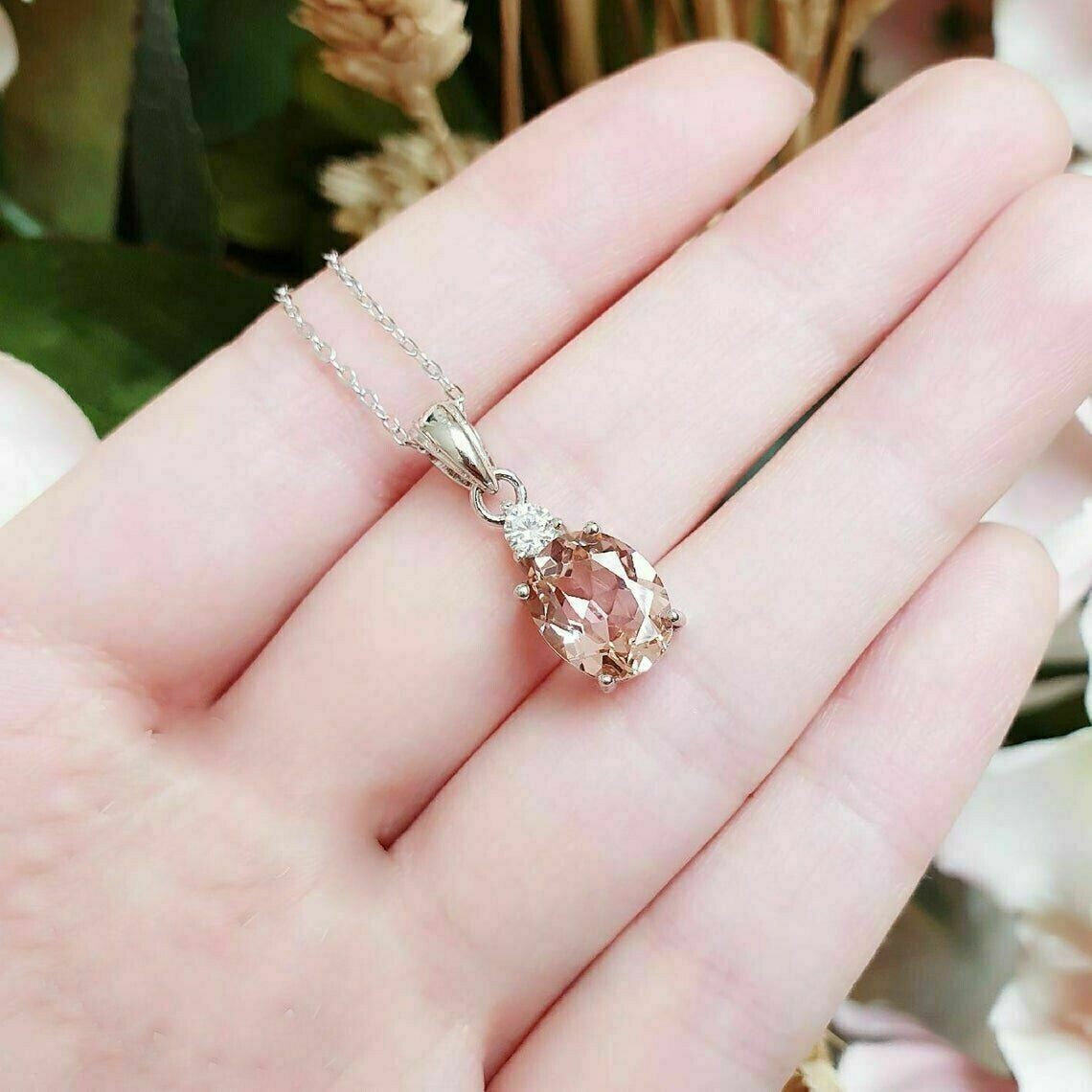 2Ct Oval Cut Morganite Solitaire Womens Pendant 14K White Gold Finish Free Chain