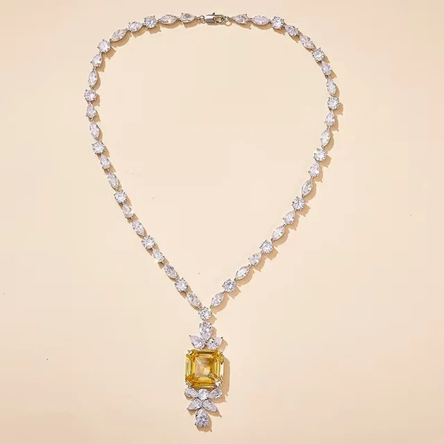 31Ct Asscher Lab-Created Yellow Sapphire & Diamond Necklace 14KWhite Gold Plated