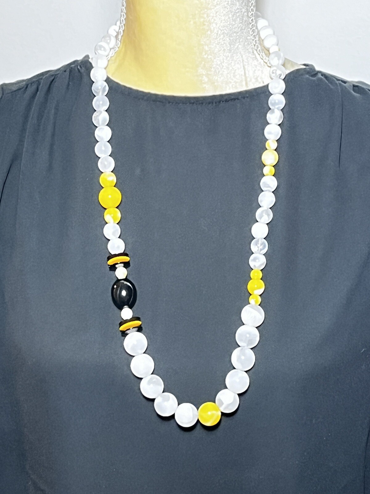 Vintage 1970’s Black Yellow White Clear Lucite Bead Necklace 31” Long