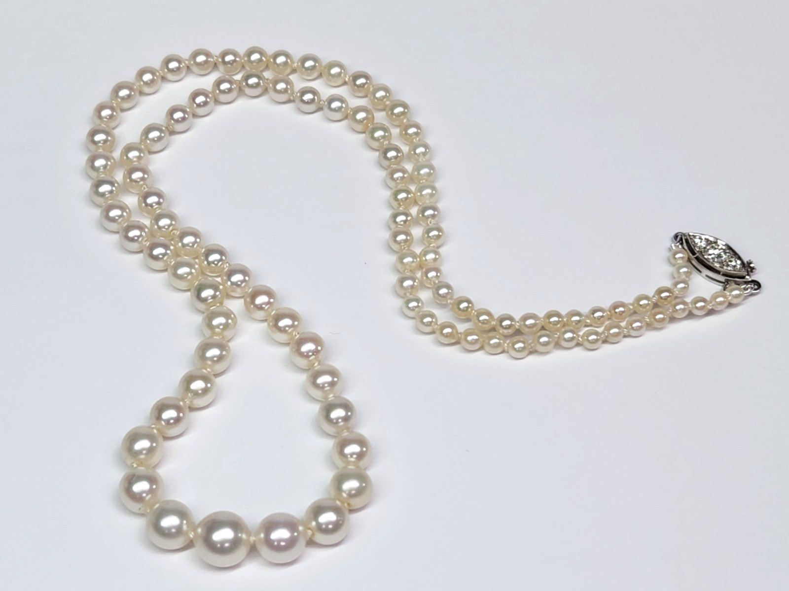 VINTAGE 2.50-8.00mm AKOYA Cultured Pearl & Diamond Graduated 20″ Strand Necklace