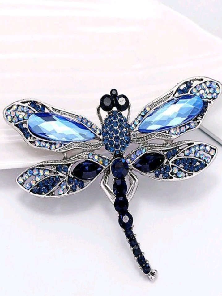 Silver Plated Zinc Dragonfly Brooch Blue and Black CZ
