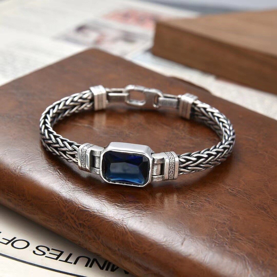 Real 925 Sterling Silver Bracelet Men Blue Zircon Square Wheat Link 7-8.6inch