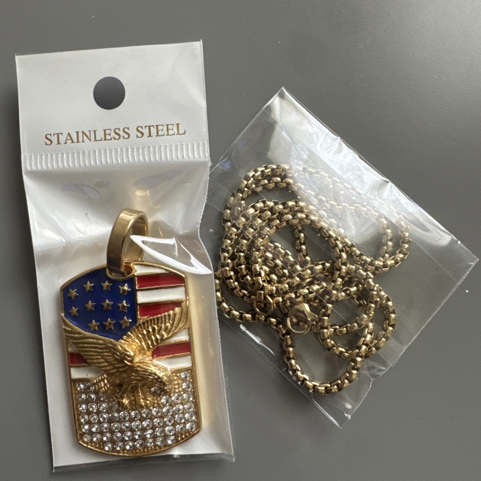 U.S.A America Flag Pendant Cubic Zirconia Stainless Steel 24” Chain Eagle Gold