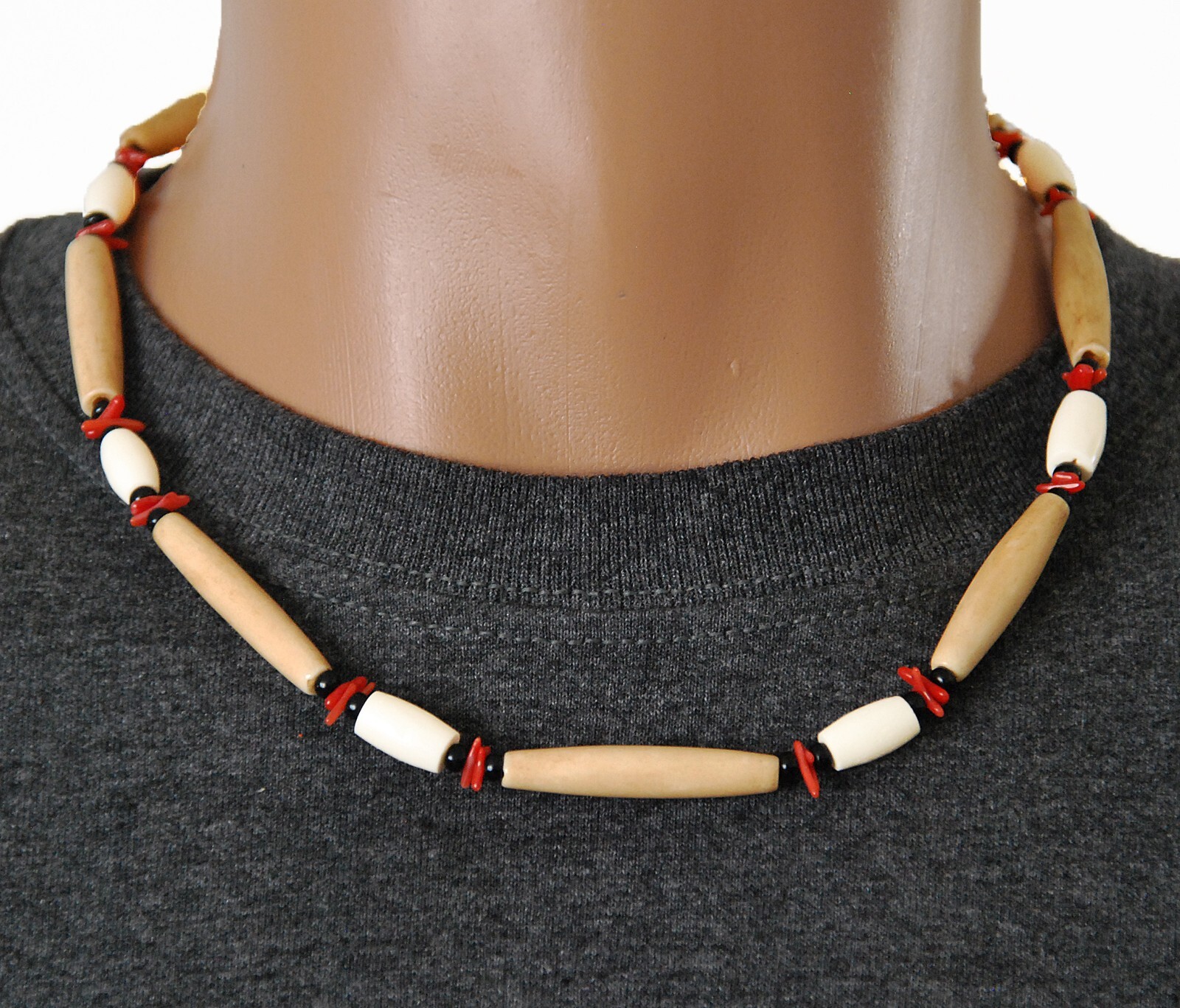 Hairpipe Buffalo Bone, Black Seed Bead & Red Branch Coral Unisex Necklace 19″