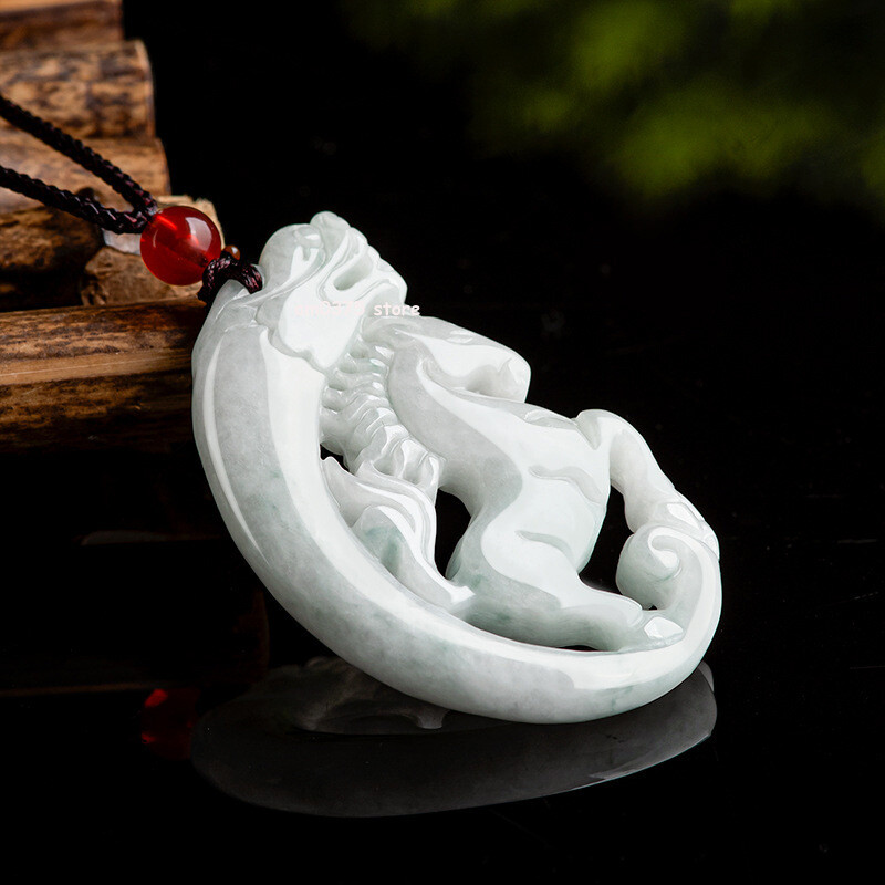 100% Natural Grade A Jade Jadeite White Jade Dragon Horse Lucky Pendant Gift