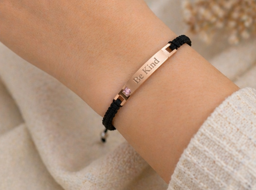 Personalized Gemstone Bar Bracelet Custom Engraved Braided Cord Rose Gold Silver