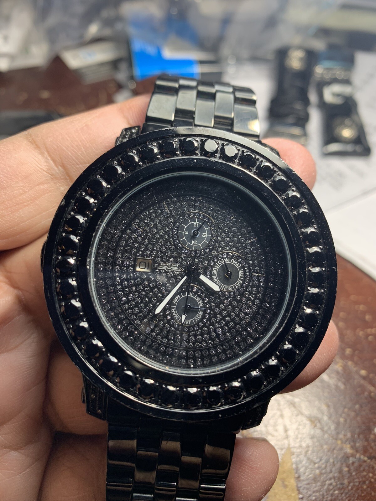 king Master Swiss Movt quartz Round genuine Diamonds 52 MM Black Watch