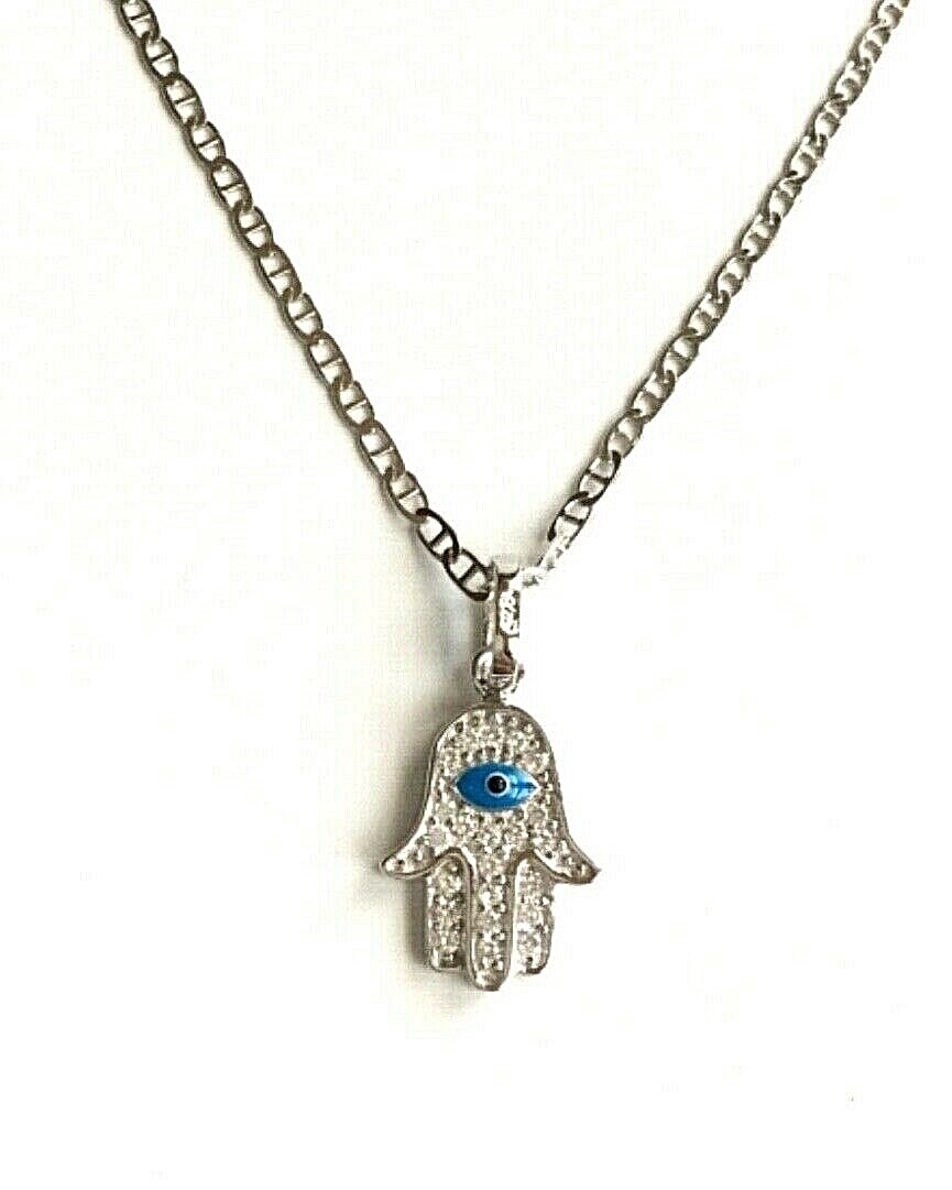 925 SILVER HAMSA EYE MARINER LINK NECKLACE 20″/CADENA DE PLATA MANO,OJO-SN13