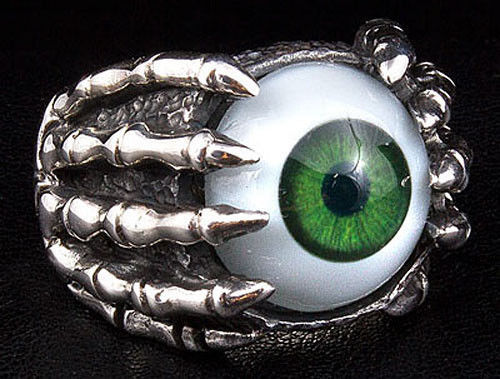 GREEN EVIL EYE EYEBALL CLAW 925 STERLING SILVER GOTHIC RING BIKER PUNK NEW DEVIL
