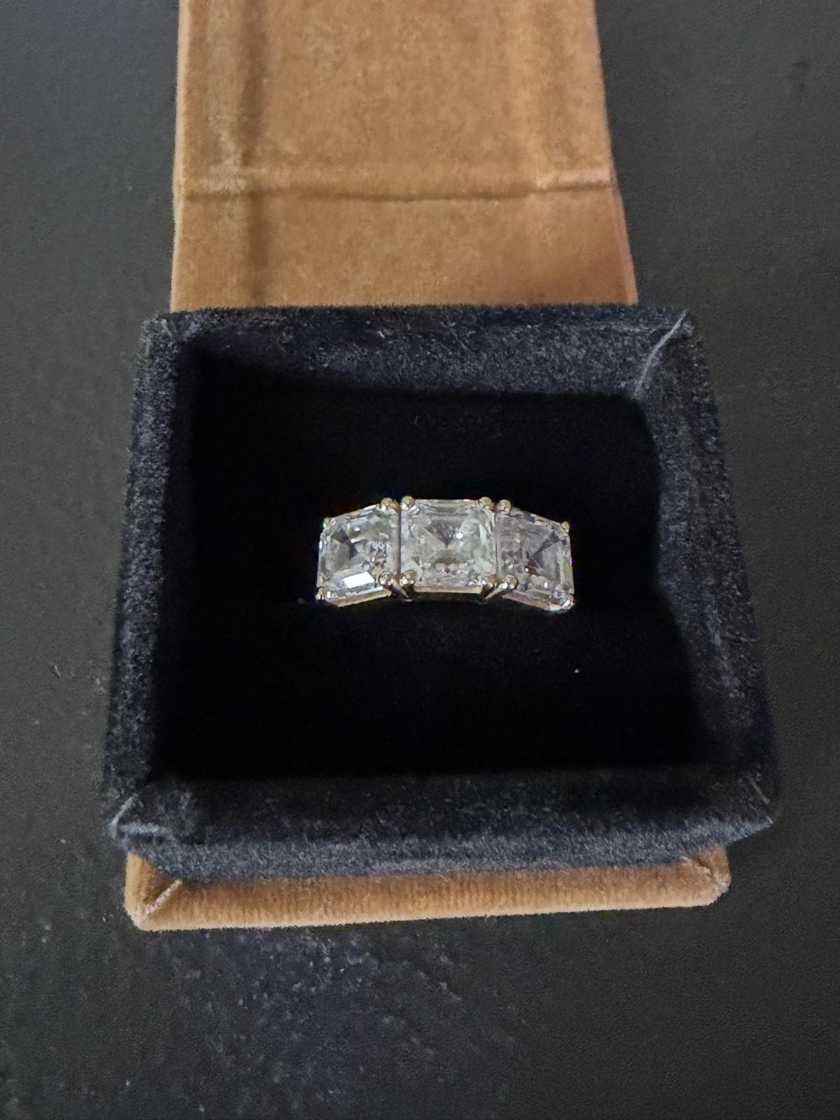 7.65 CTW 3 STONE LAB DIAMOND RING. 3 2.55ct E/VS1 SQUARE EMERALD CUT LAB DIAMOND