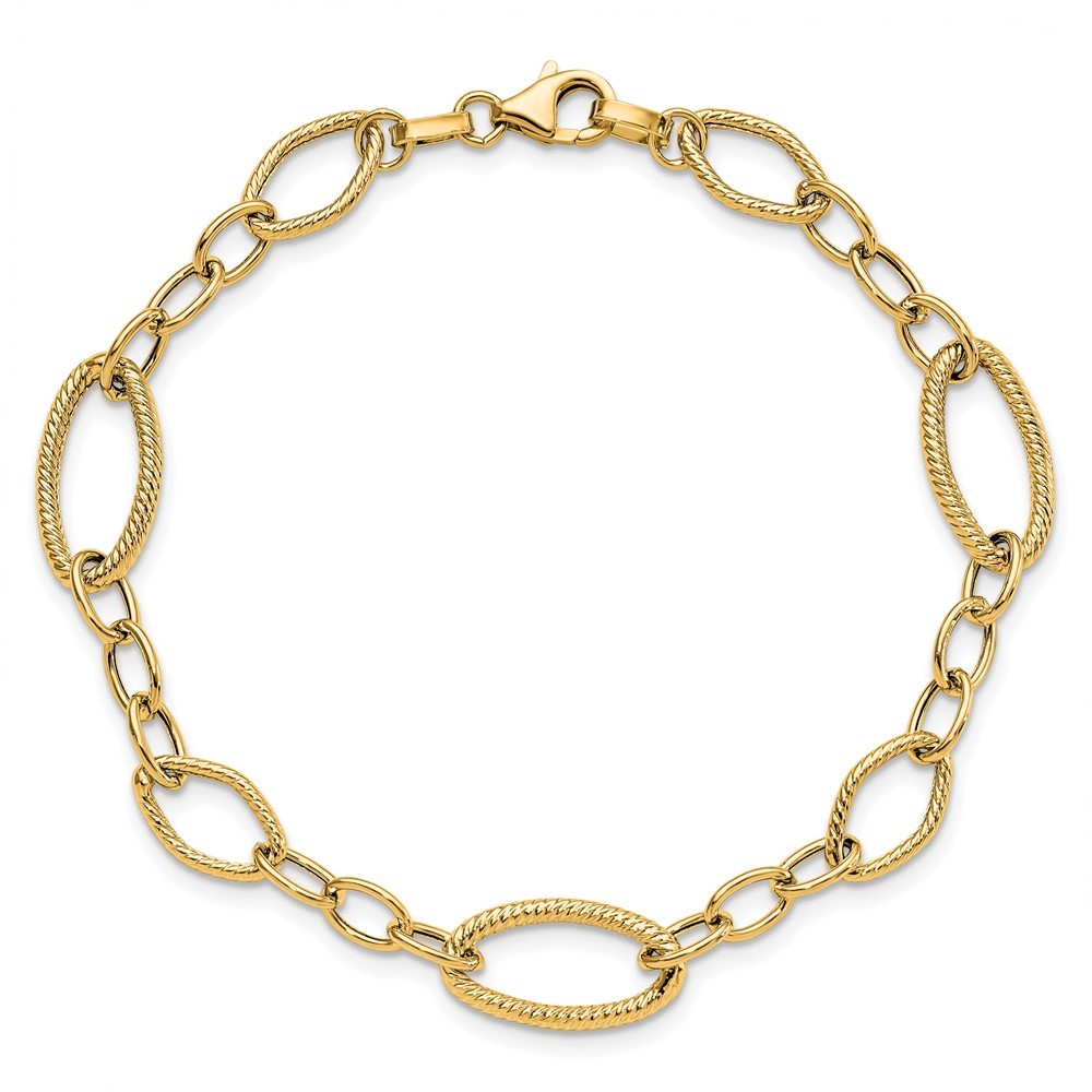 14K Polished and Textured 9.0mm Link 7.5 inch Bracelet