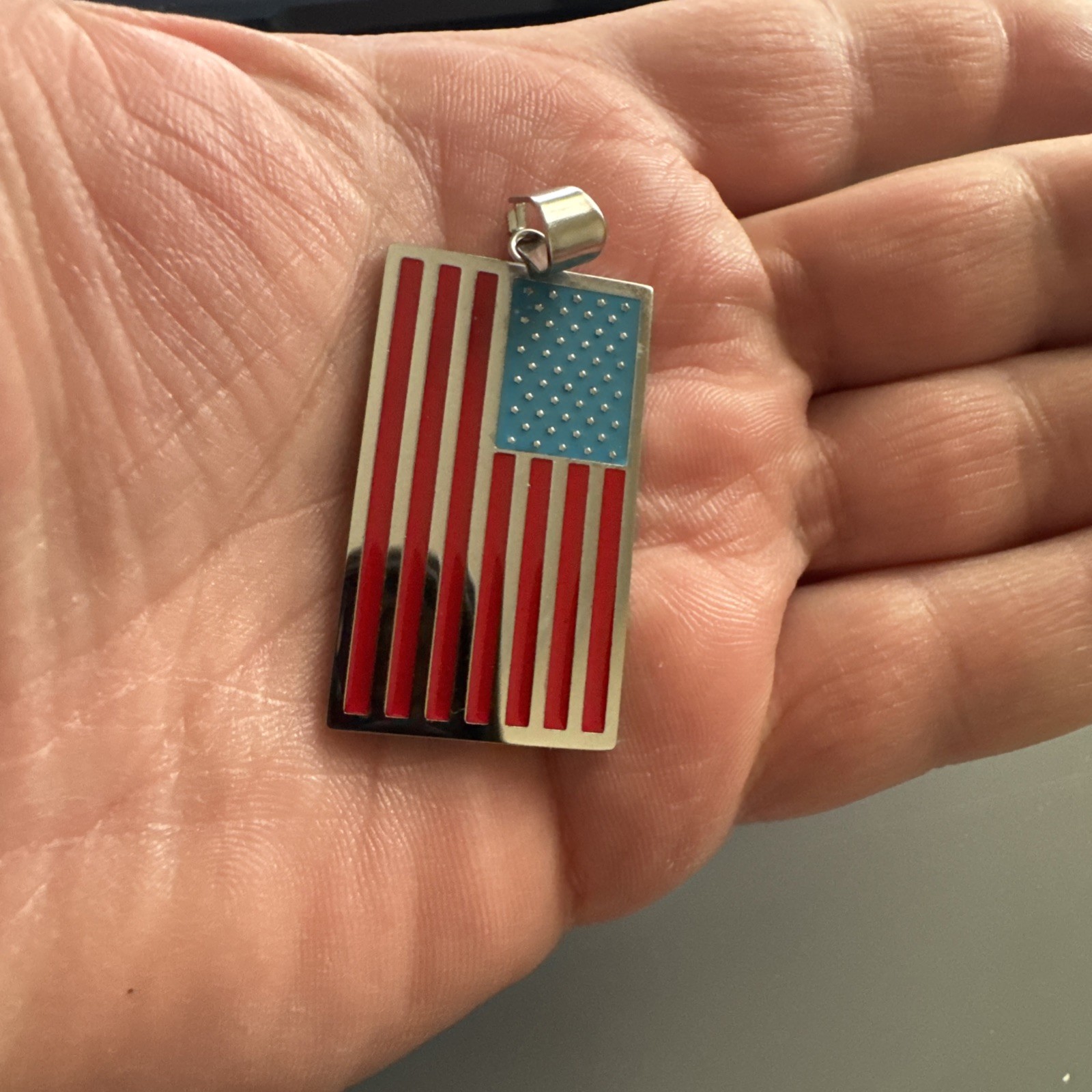 American Flag Pendant Silver Plated Stainless Steel 24” Chain USA America Gift