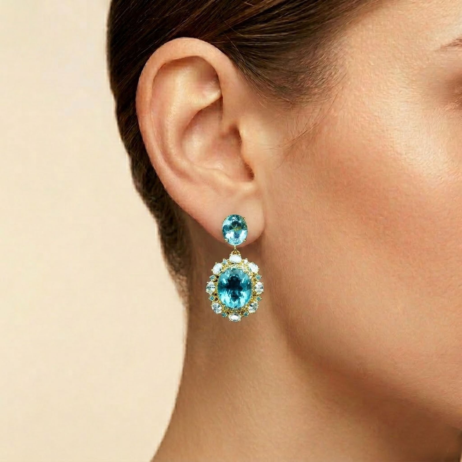 24K Gold 925 Sterling Silver Earrings Pristine Sea Blue Aquamarine Oval 14.85Ct