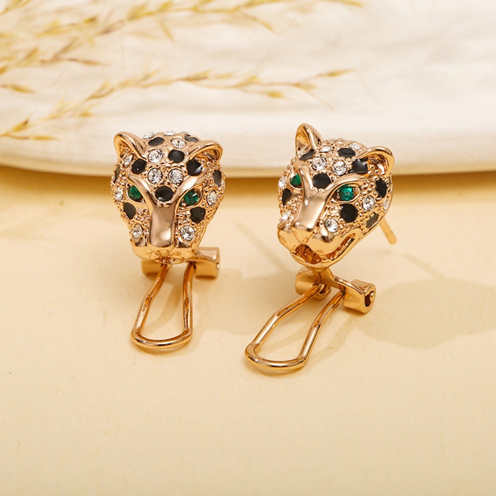 Animal Leopard Panther Jaguar Clear and Black Cubic Zirconia Leverback Earrings