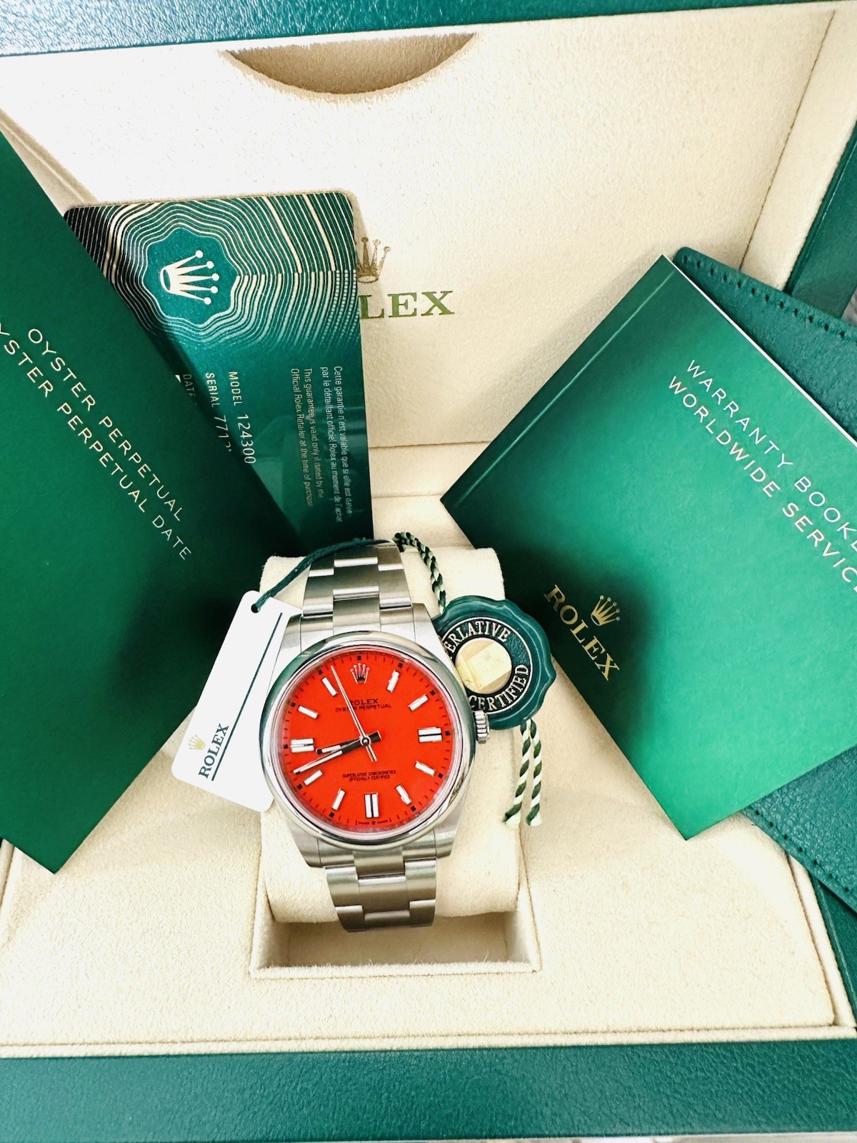 Men’s Rolex Oyster Perpetua1 41mm Ref 124300 Factory Coral Red Dial ~Box & Paper