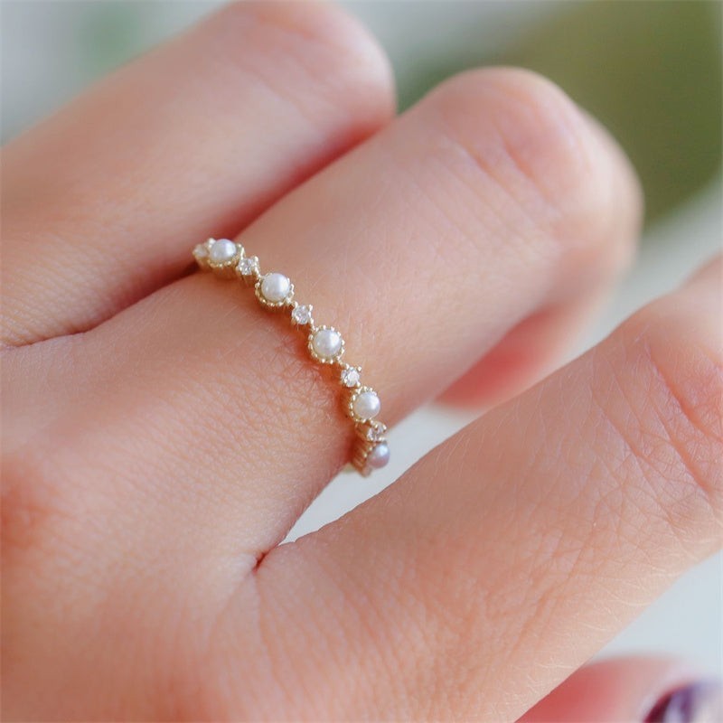 Dainty Gold Pearl Stacking Ring in 925 Sterling Silver