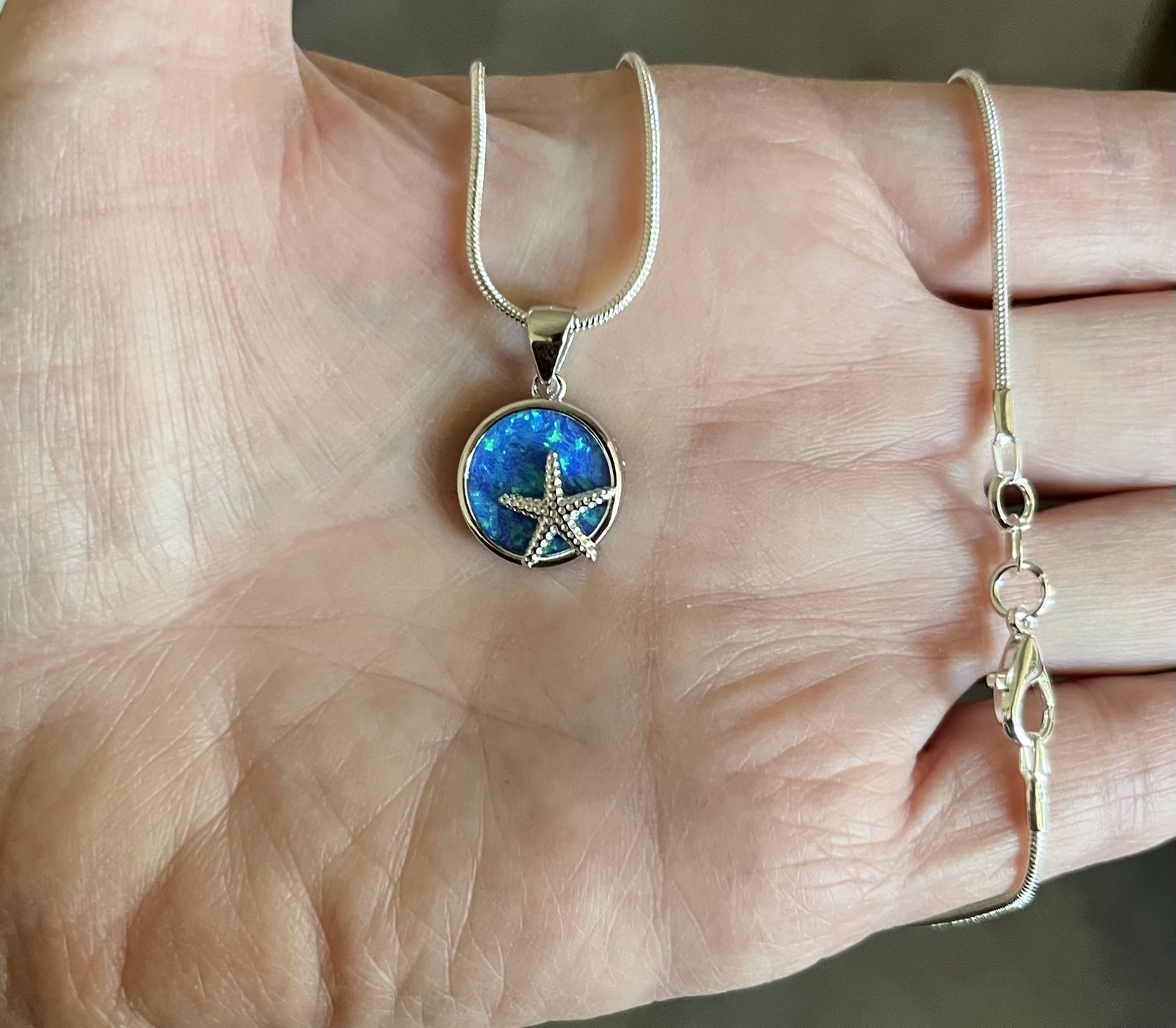 Sterling Silver Blue Lab Opal Star Fish Pendant &Necklace 18”FaceHeight:15 mm 💙
