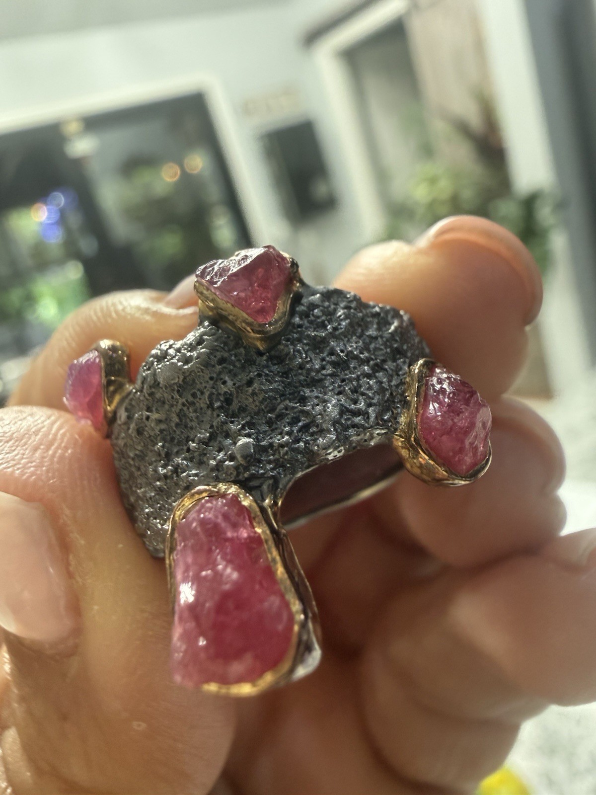 Silver, Gold & Black Rhodium-Plated German Kabirski Rough Ruby Ring Sz 8