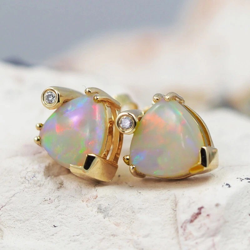 2Ct Trillion Natural Fire Opal Sparkly Delighted Studs 14K Yellow Gold Plated